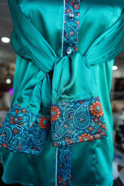 M - Teal & Rust Floral Paisley on Emerald Satin Button Down