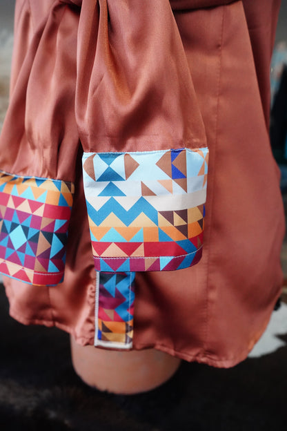 S - Sunrise Aztec on Rust Satin Button Down