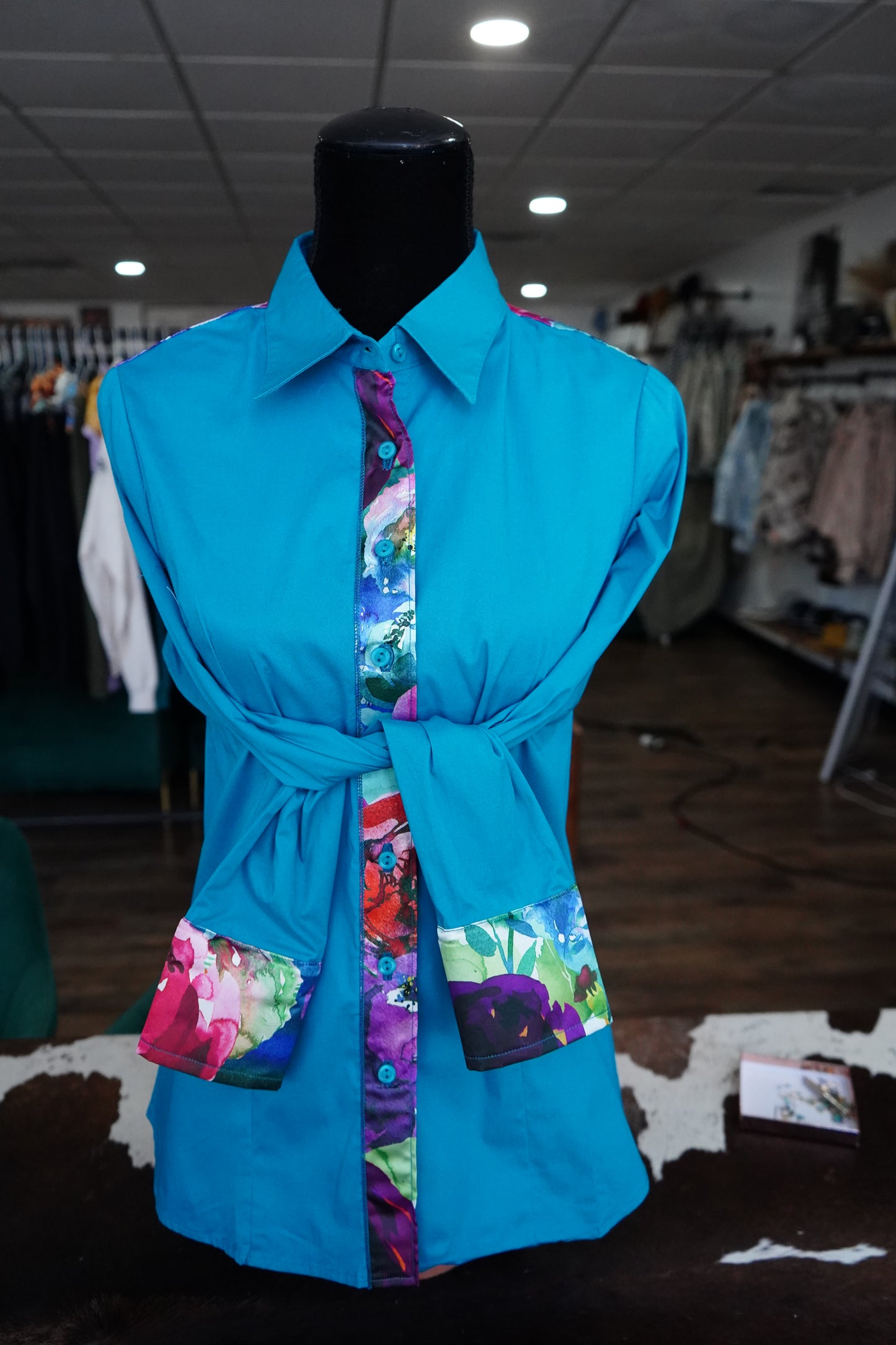 L - Watercolor Floral on Teal Cotton Button Down