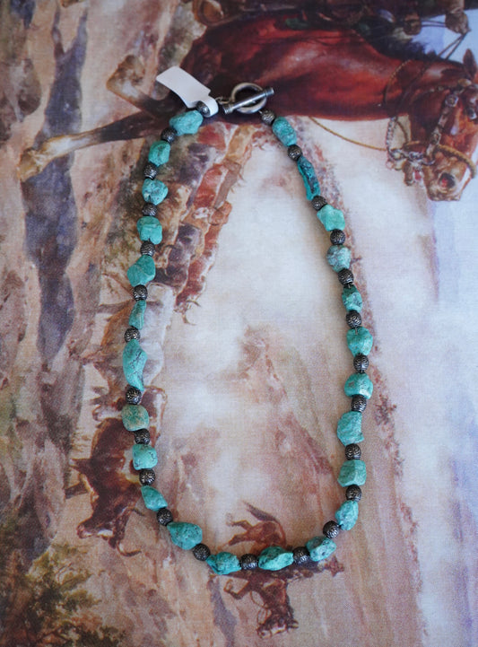 Vintage Chunky Raw Turquoise w/ Stamped Sterling Beads Necklace