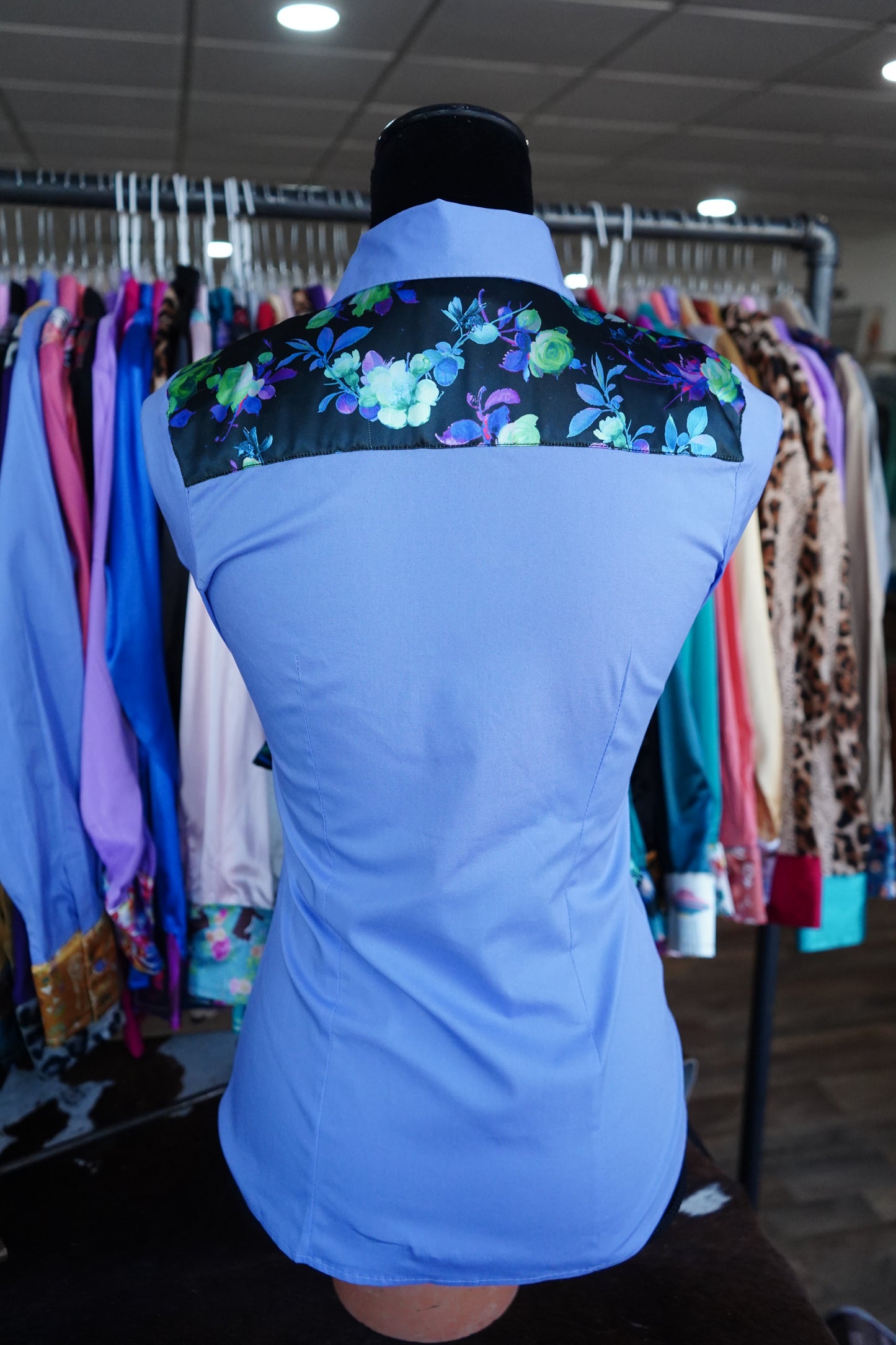 S - Blue & Purple Electric Floral on Lilac Cotton Button Down