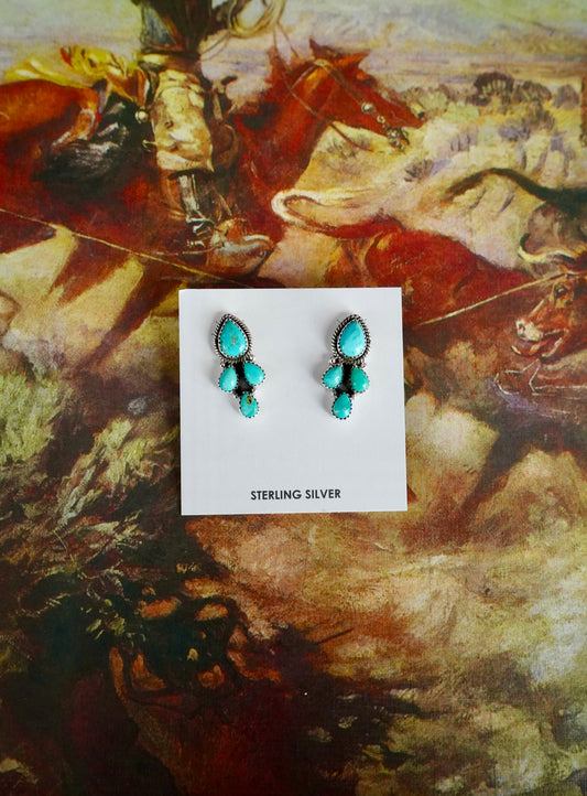 4 Stone Teardrop Kingman Turquoise Cluster Stud Earrings