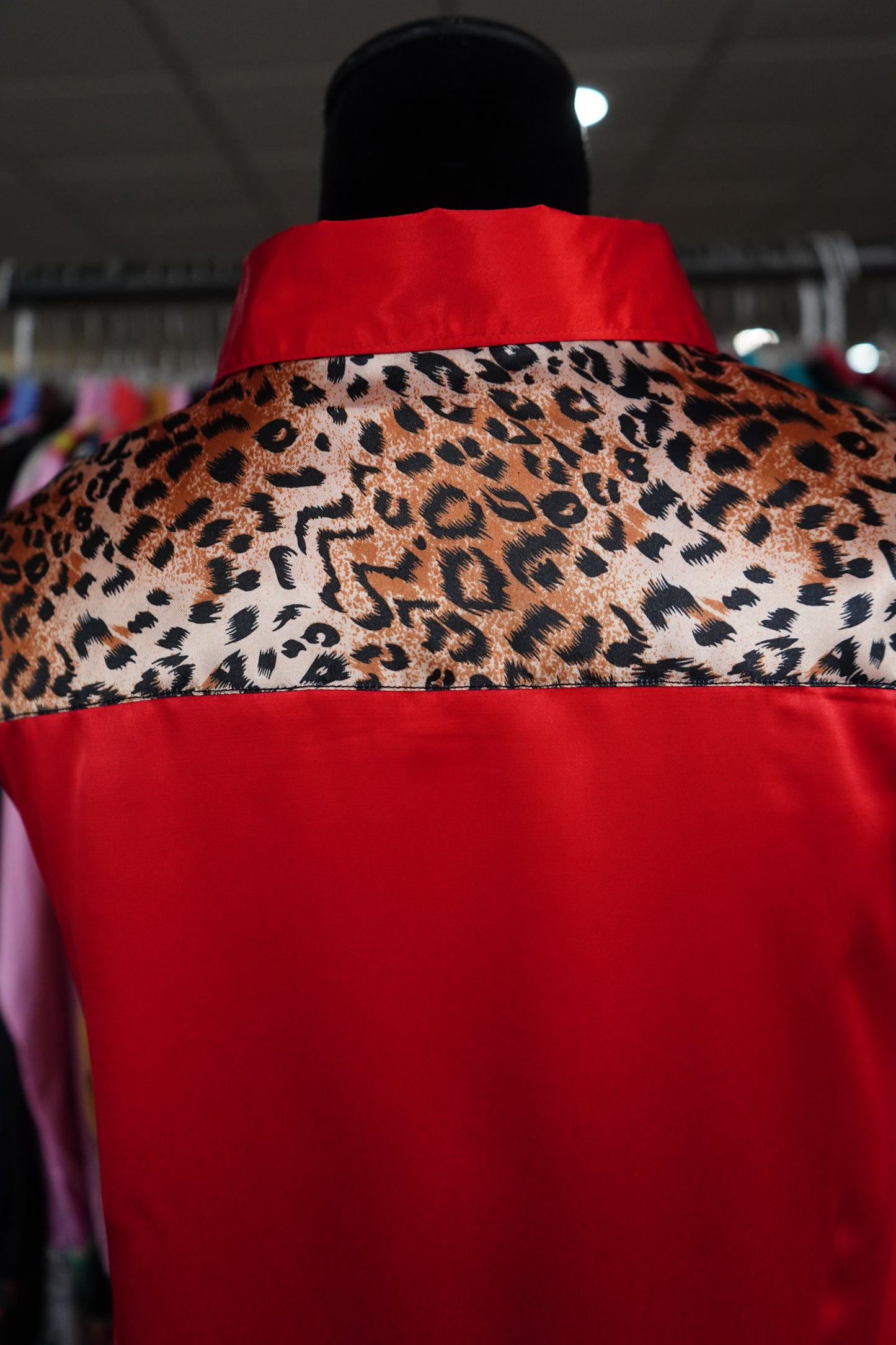 3XL - Cheetah on Red Satin Button Down