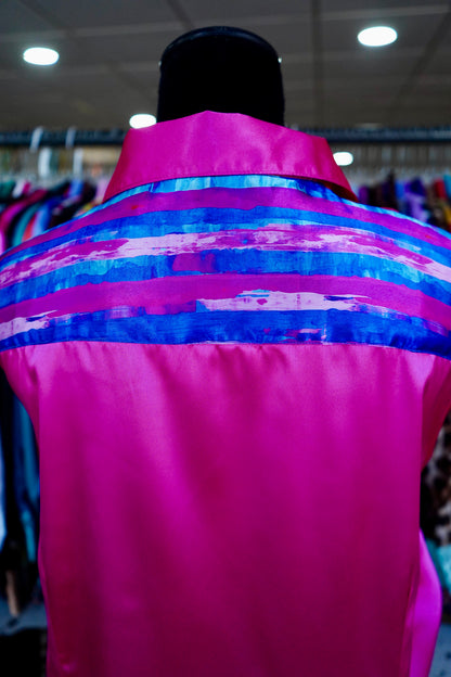 3XL - Pink & Blue Brushstrokes on Pink Satin Button Down