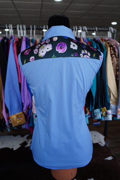S - Floral Paw Prints on Blue Stripe Cotton Button Down