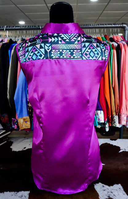 L - Watercolor Aztec on Magenta Satin Button Down