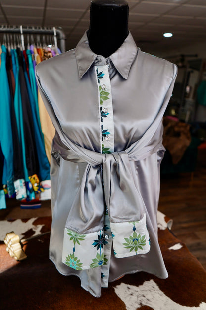 2XL - Green Lotus Flowers on Silver Satin Button Down
