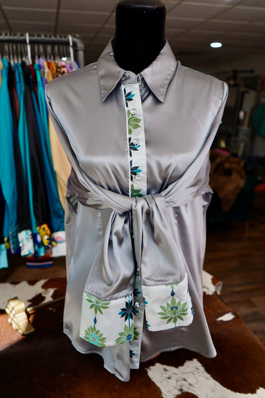 2XL - Green Lotus Flowers on Silver Satin Button Down