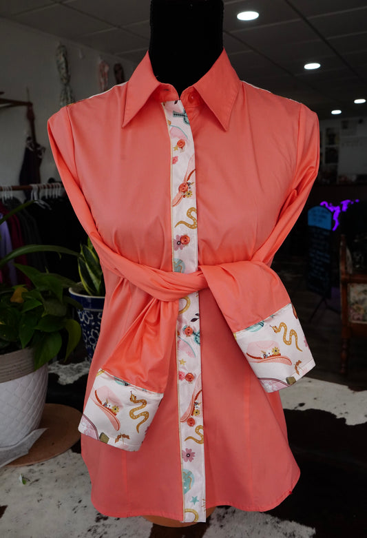 L - Watercolor Boots & Highlanders on Coral Cotton Button Down