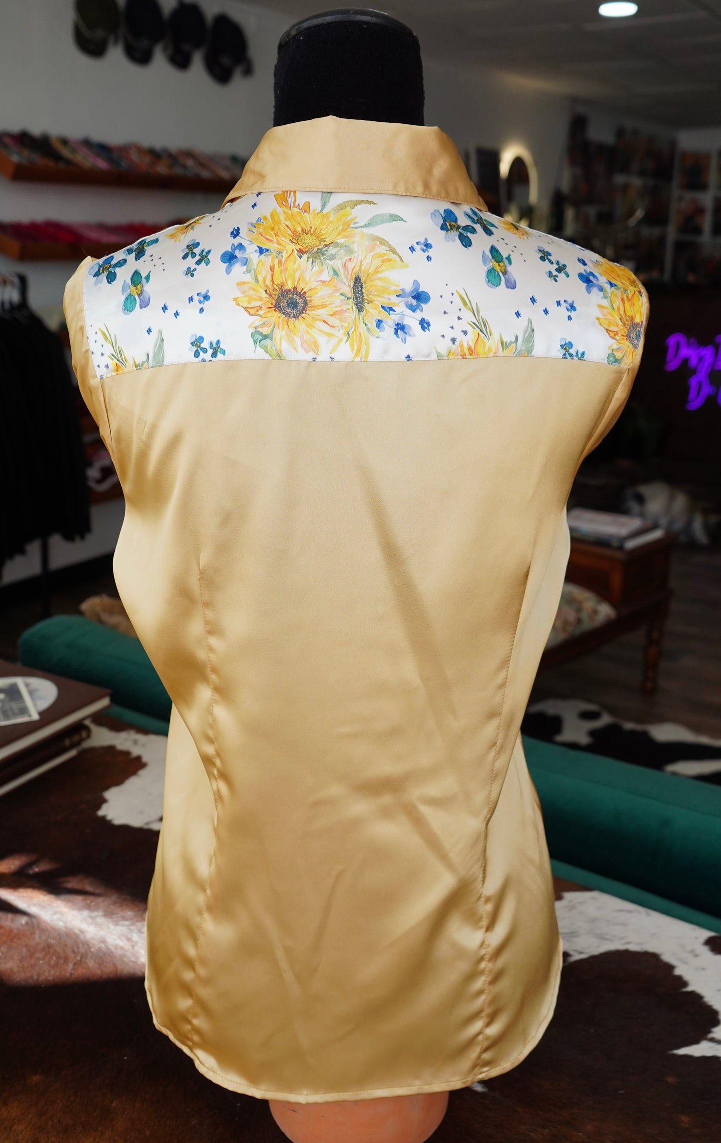 L - Original Sunflowers on Gold Satin Button Down