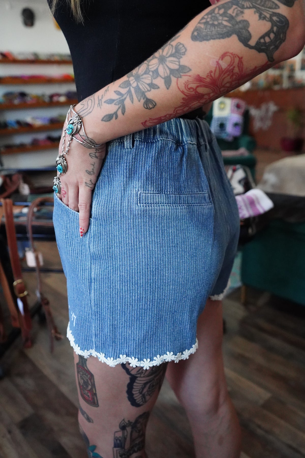 Daisy Script on Daisy Trim Denim Shorts
