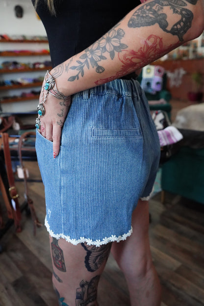 Daisy Script on Daisy Trim Denim Shorts