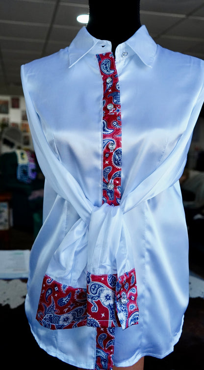 L - Patriotic Paisley on White Satin Button Down