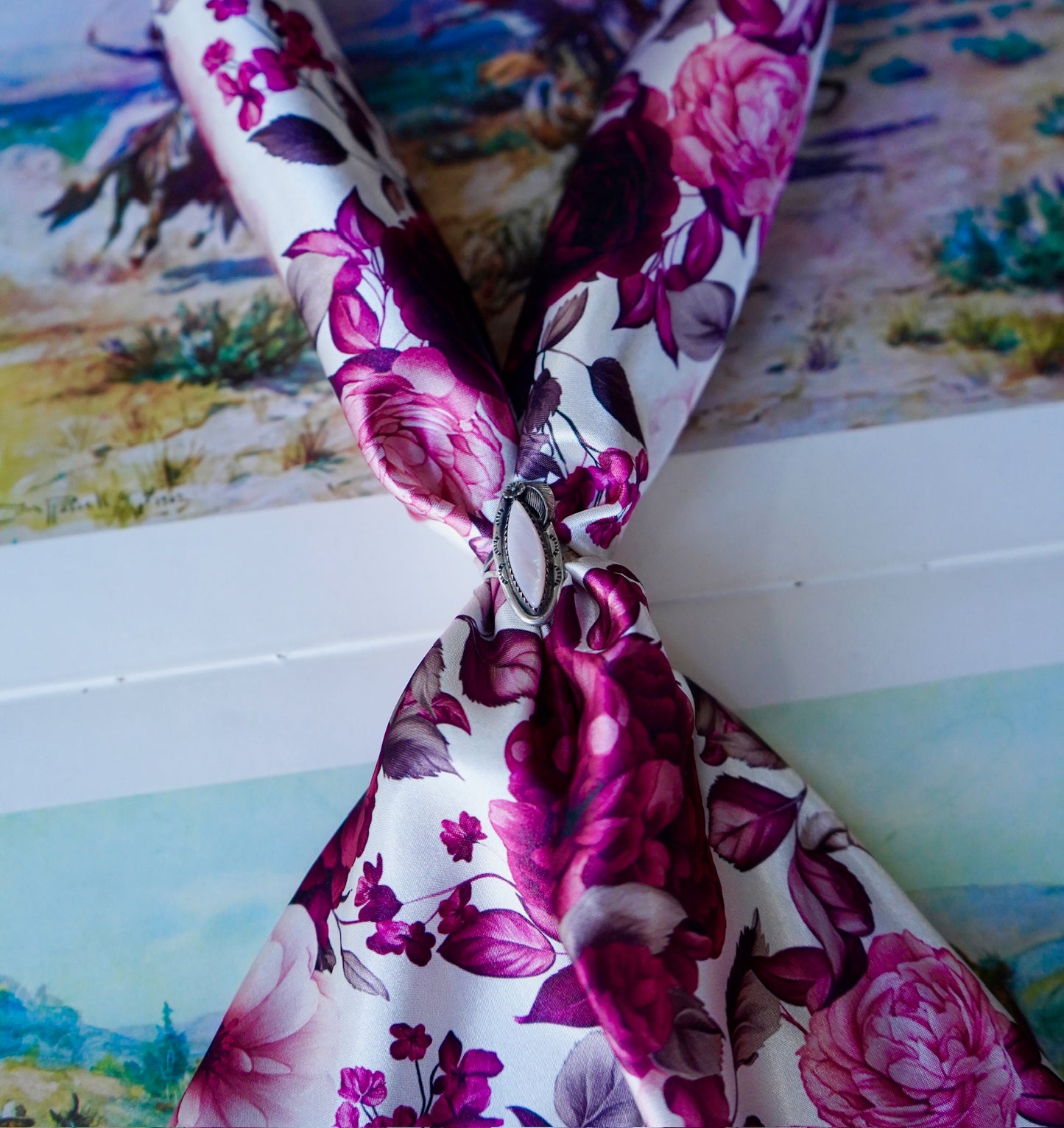 Burgundy & Blush Flowers on Cream Wild Rag