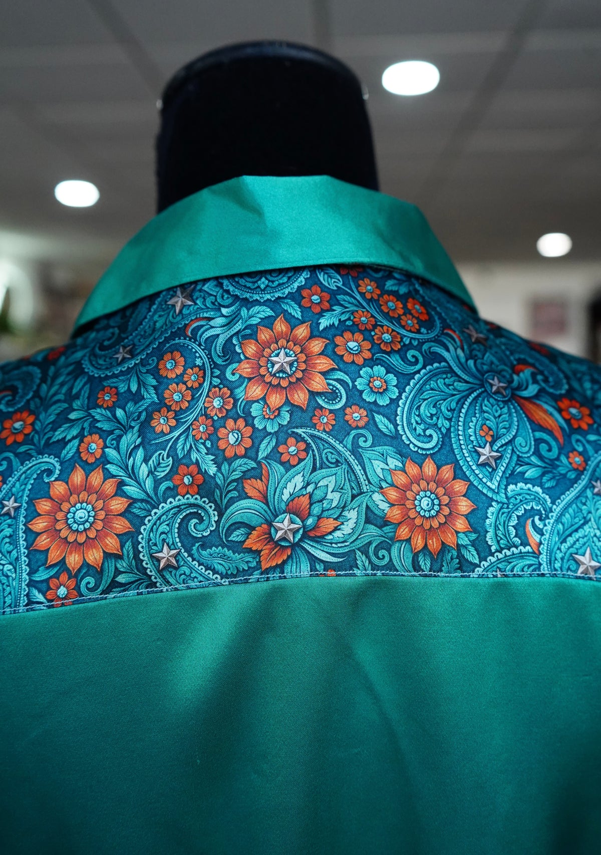 M - Teal & Rust Floral Paisley on Emerald Satin Button Down