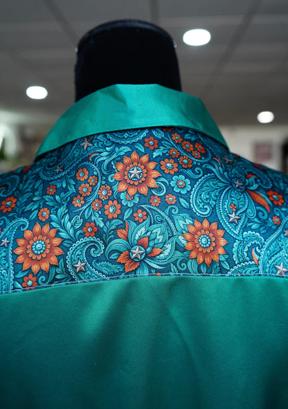 M - Teal & Rust Floral Paisley on Emerald Satin Button Down