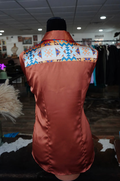 S - Sunrise Aztec on Rust Satin Button Down