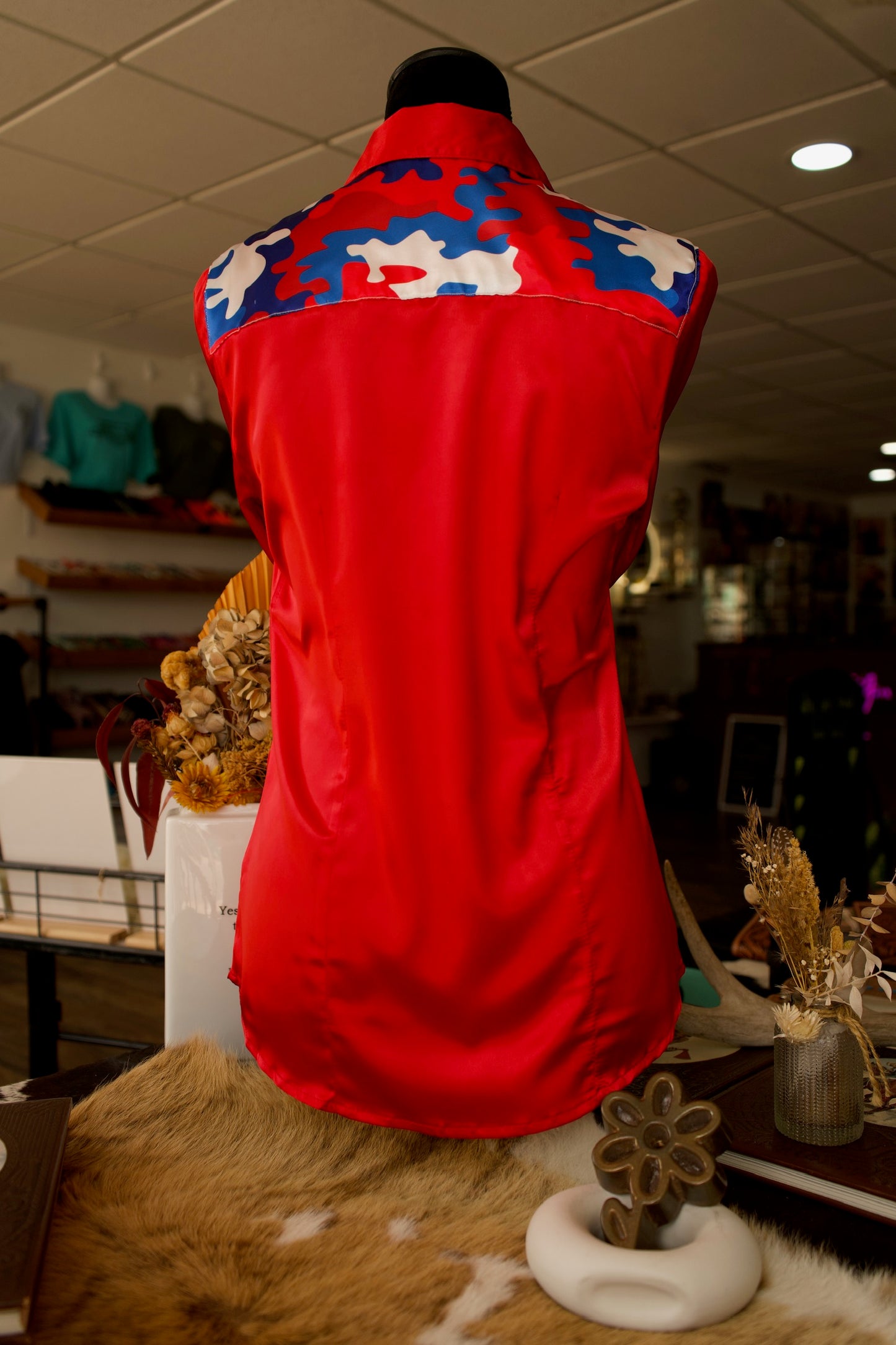 S - Red Satin w/ Patriotic Camo Button Down