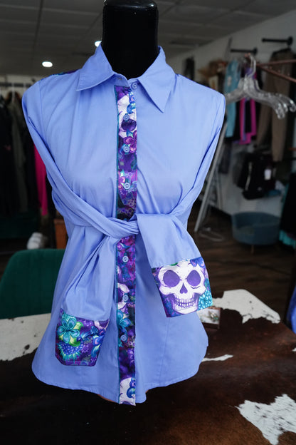 XL - Purple Skulls & Roses on Lilac Cotton Button Down