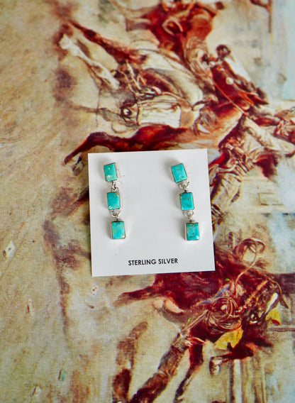 Turquoise 3 Stone Dangly Square Stud Earrings