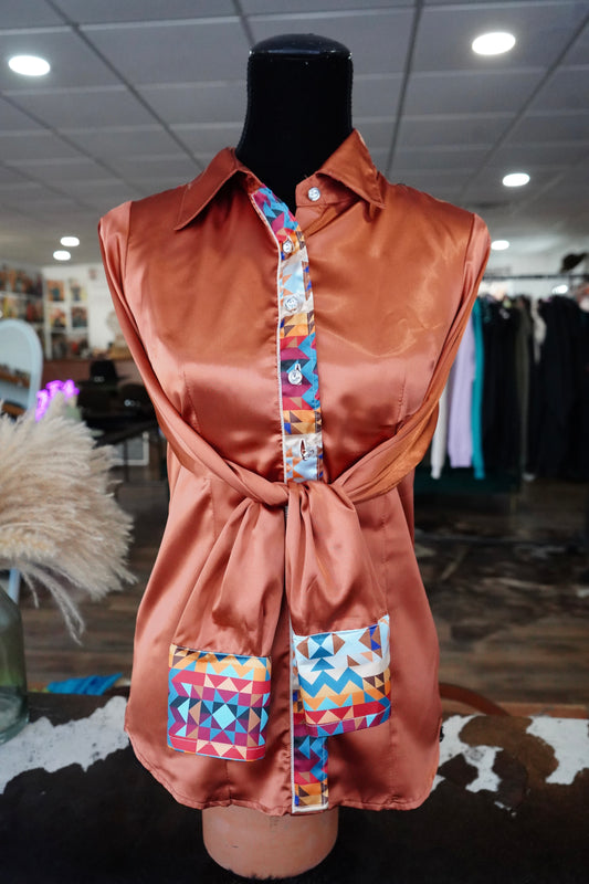 S - Sunrise Aztec on Rust Satin Button Down