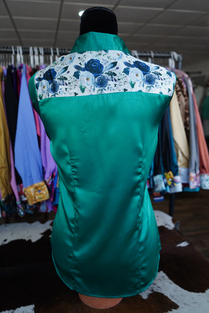 M - Navy Feather Floral on Emerald Satin Button Down