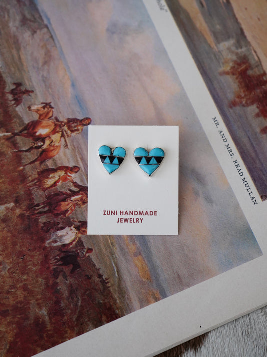 Clayton Vacit Zuni Inlay Turquoise & Black Onyx Heart Stud Earrings