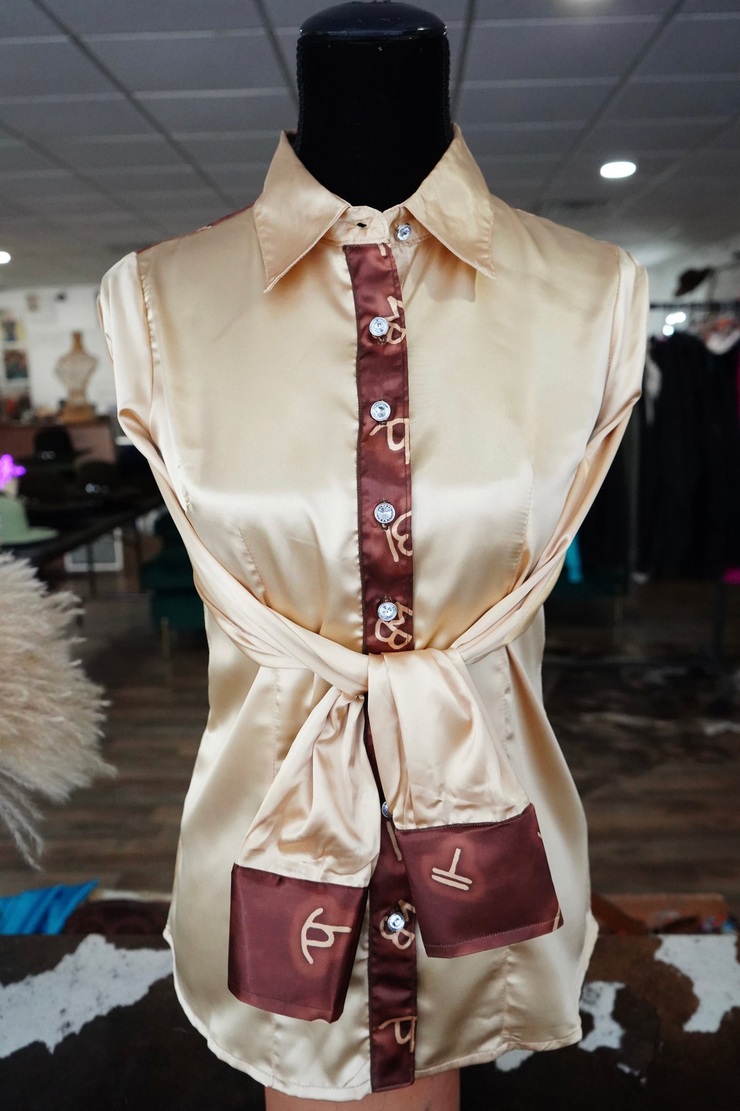 S - Cream Brands on Gold Satin Button Down