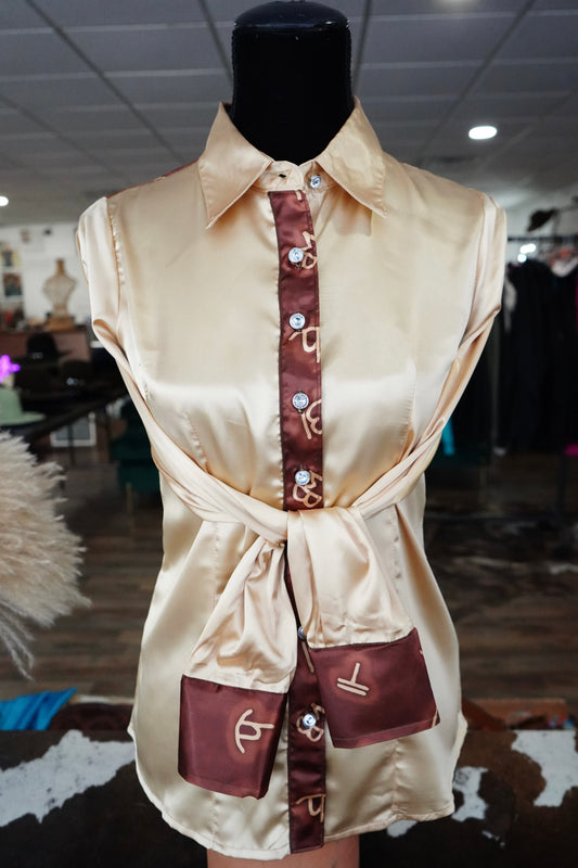 S - Cream Brands on Gold Satin Button Down