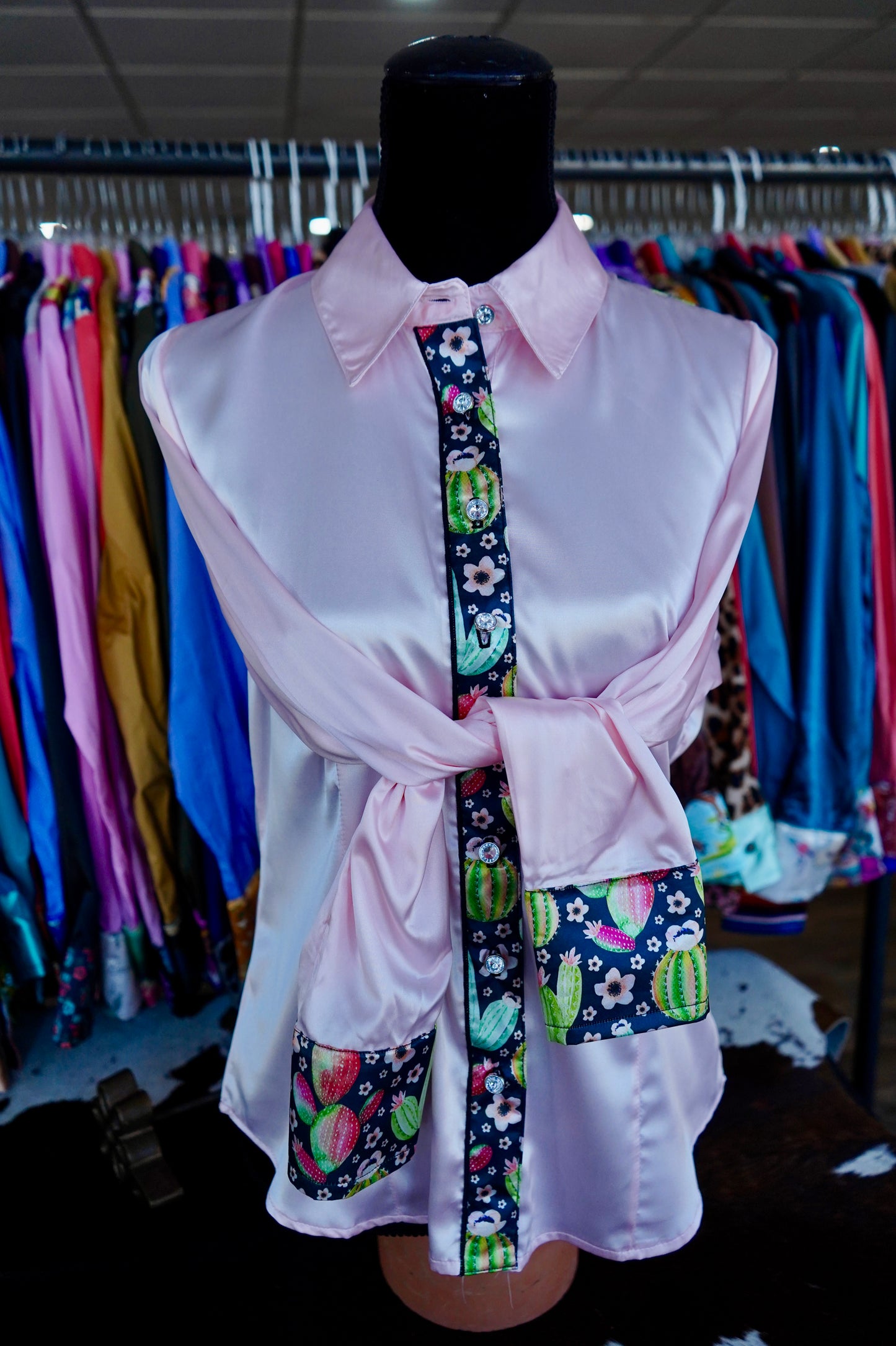 L - Pink & Green Watercolor Cacti on Light Pink Satin Button Down