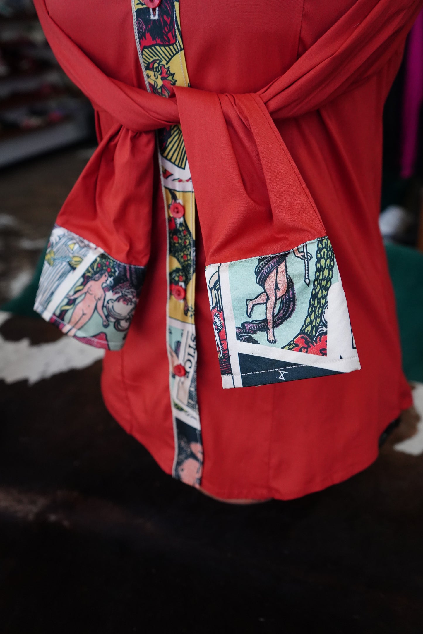 S - Tarot Cards on Rust Red Cotton Button Down