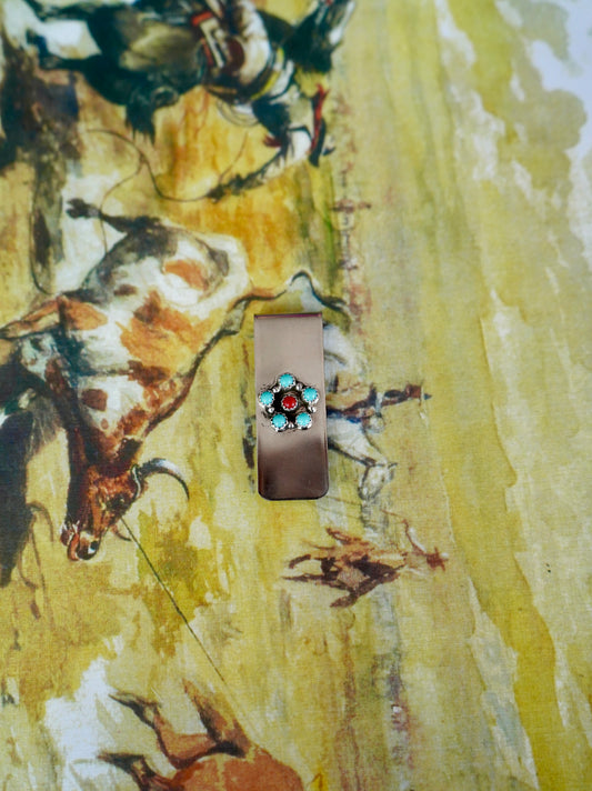 Dorothy Yazzie Turquoise & Red Coral Money Clip