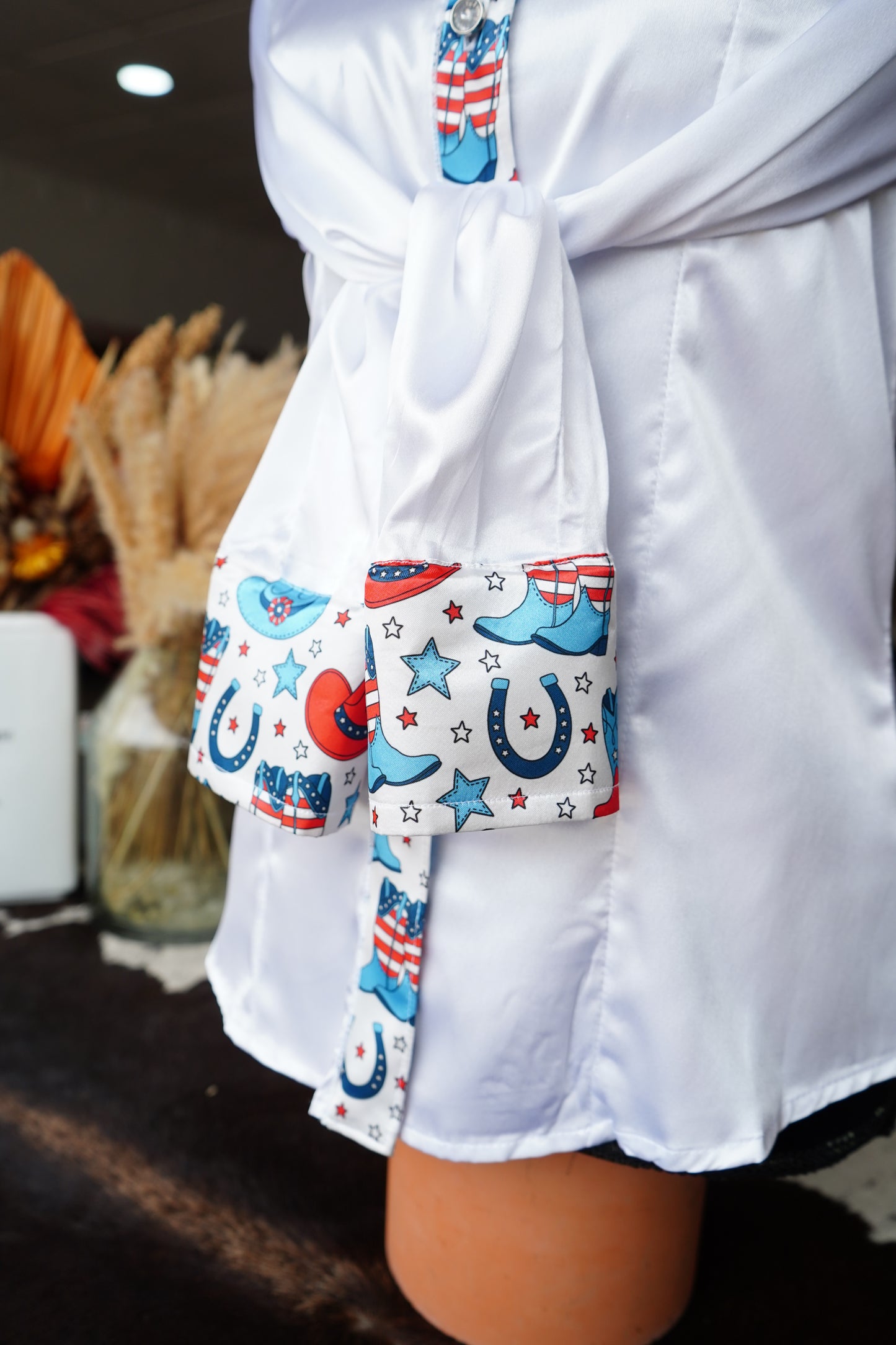 S - Patriotic Boots & Hats on White Button Down