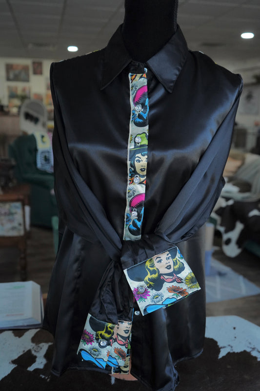 XL - Comic Cowgirls on Black Satin Button Down
