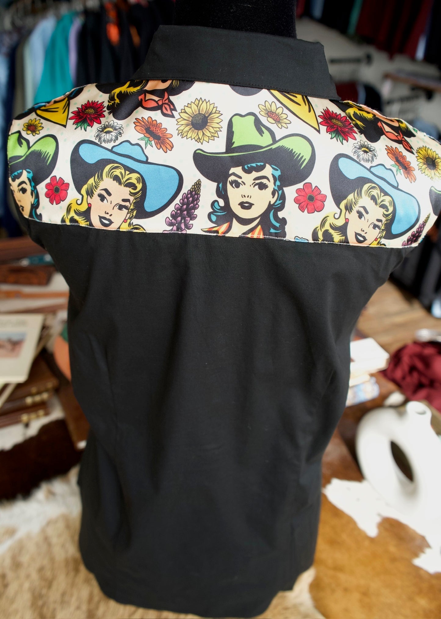 XL - Cowgirl Comics on Black Cotton Button Down