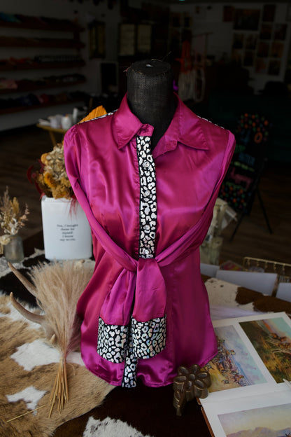 L - Black Cheetah on Magenta Button Down Disco Cowgirl