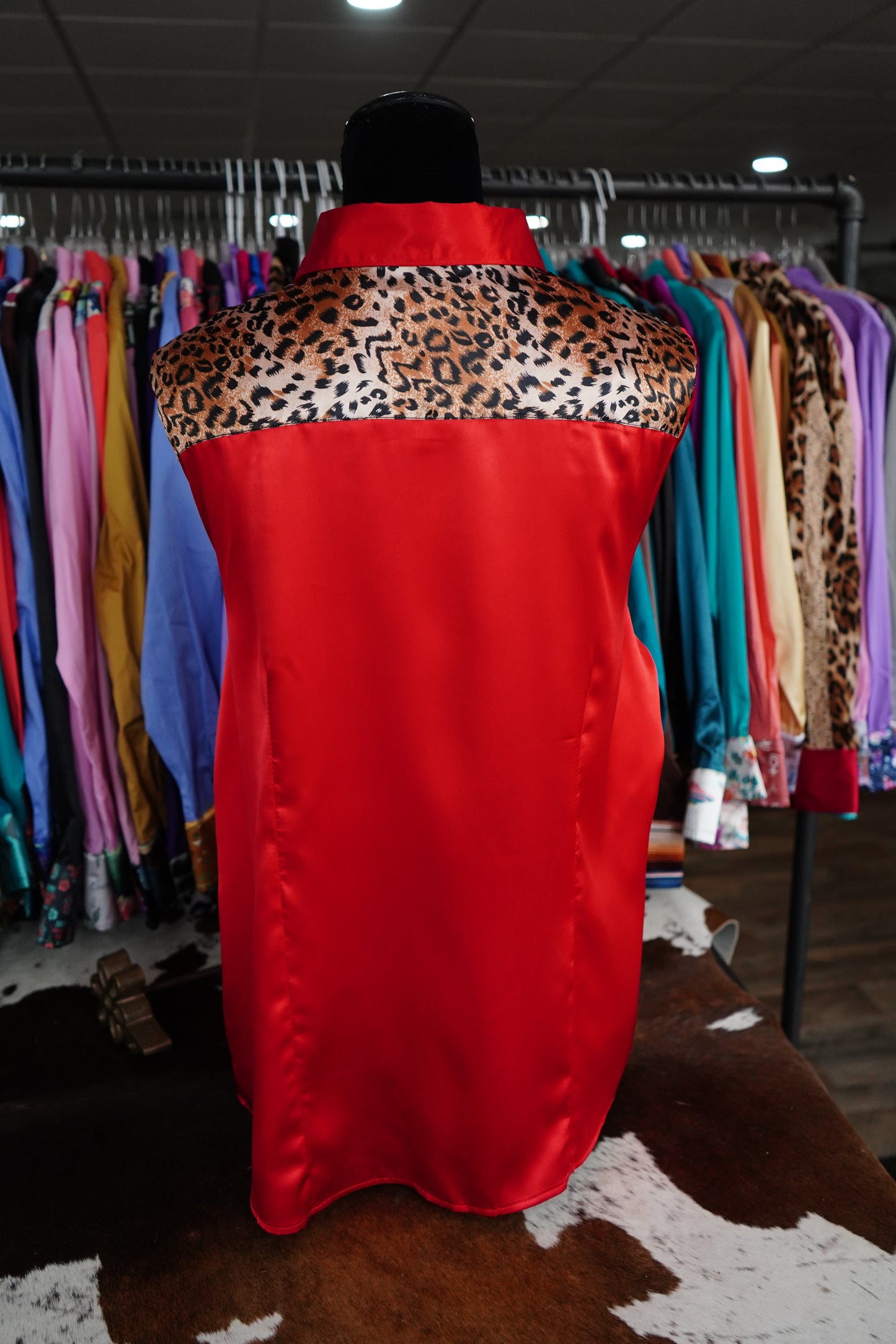 3XL - Cheetah on Red Satin Button Down
