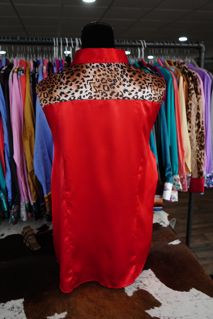 3XL - Cheetah on Red Satin Button Down