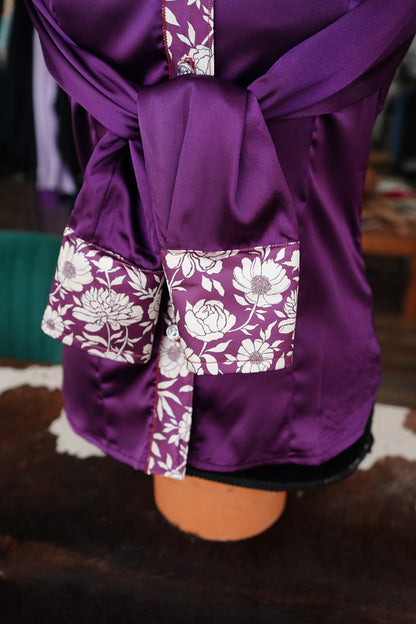 S - Purple & Cream Floral on Purple Satin Button Down