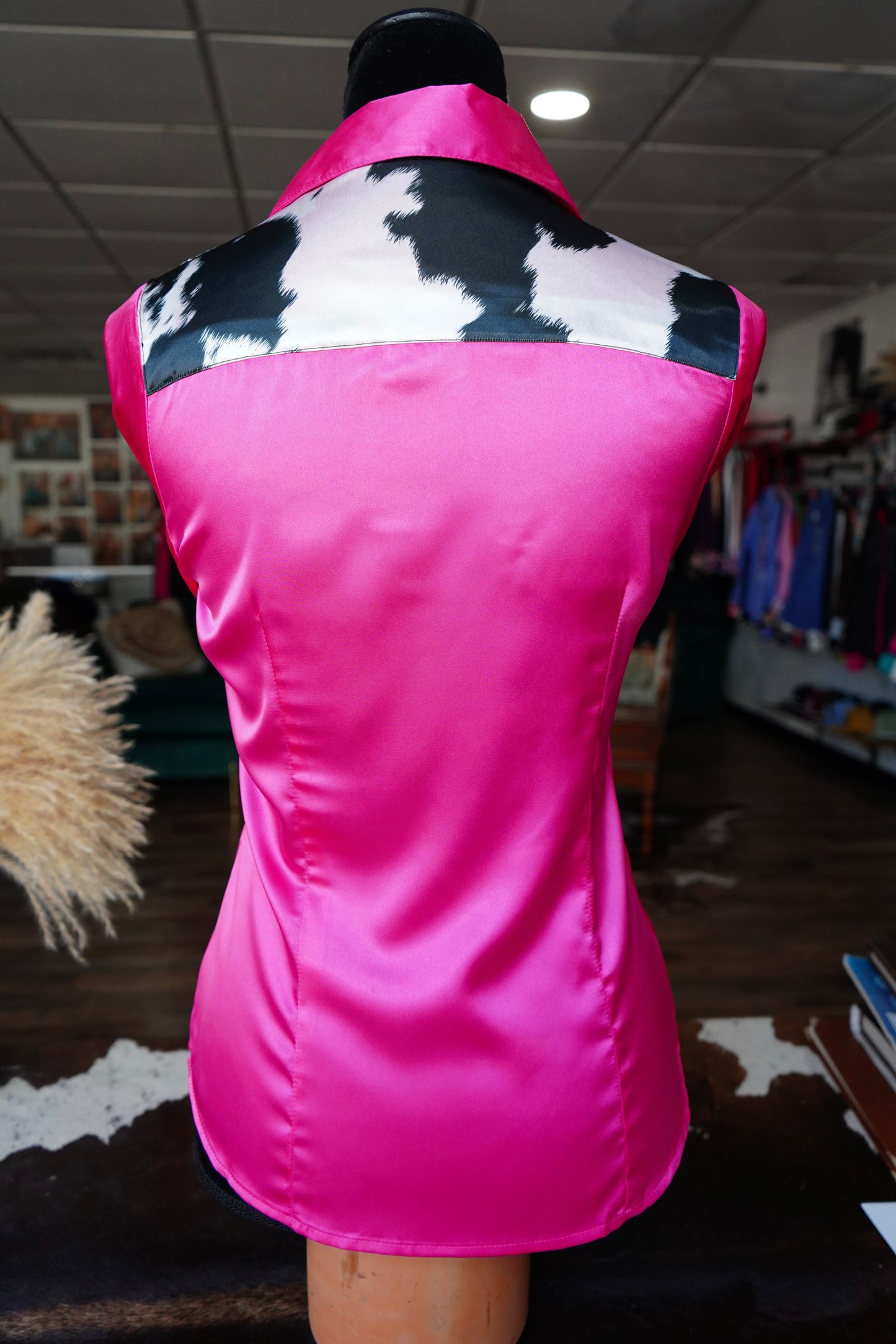 S - B/W Cow Print on Pink Satin Button Down