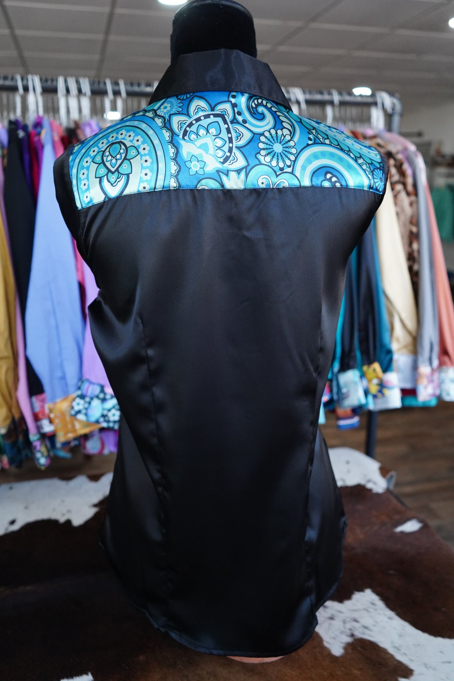 M - Blue Paisley on Black Satin Button Down