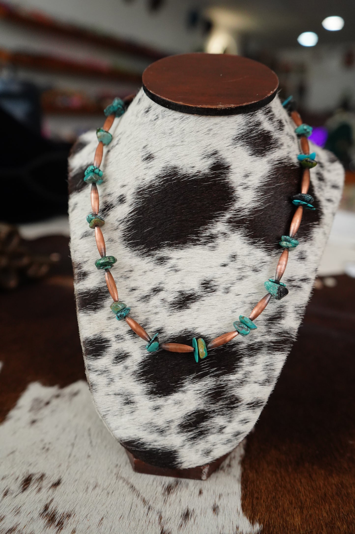 Copper Torpedo Pearls & Turquoise Chips Necklace - 18”