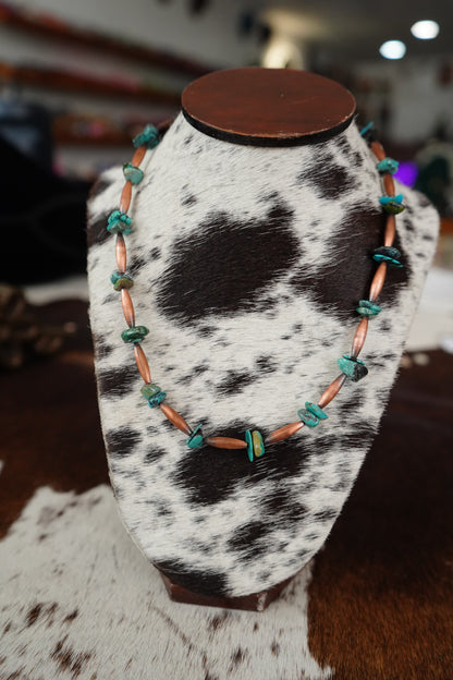Copper Torpedo Pearls & Turquoise Chips Necklace - 18”