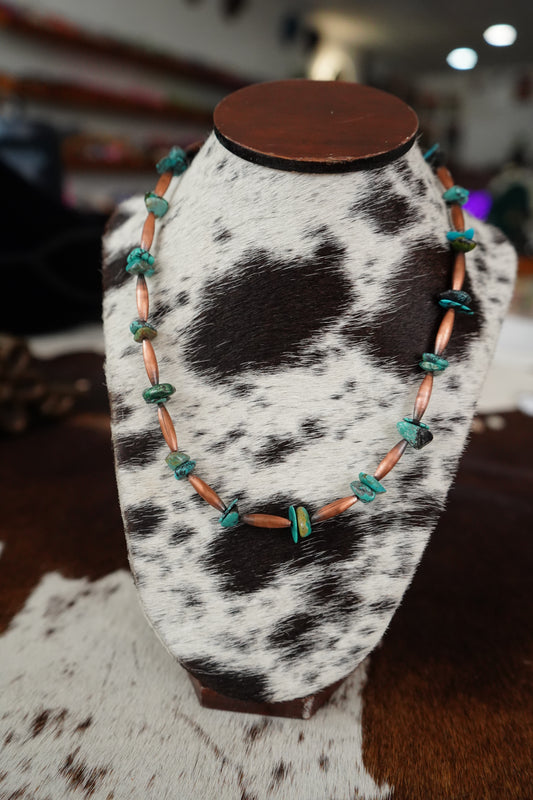 Copper Torpedo Pearls & Turquoise Chips Necklace - 18”