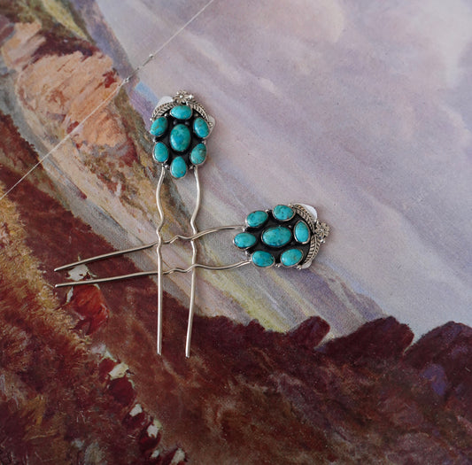 Turquoise 7 Stone Hair Pins