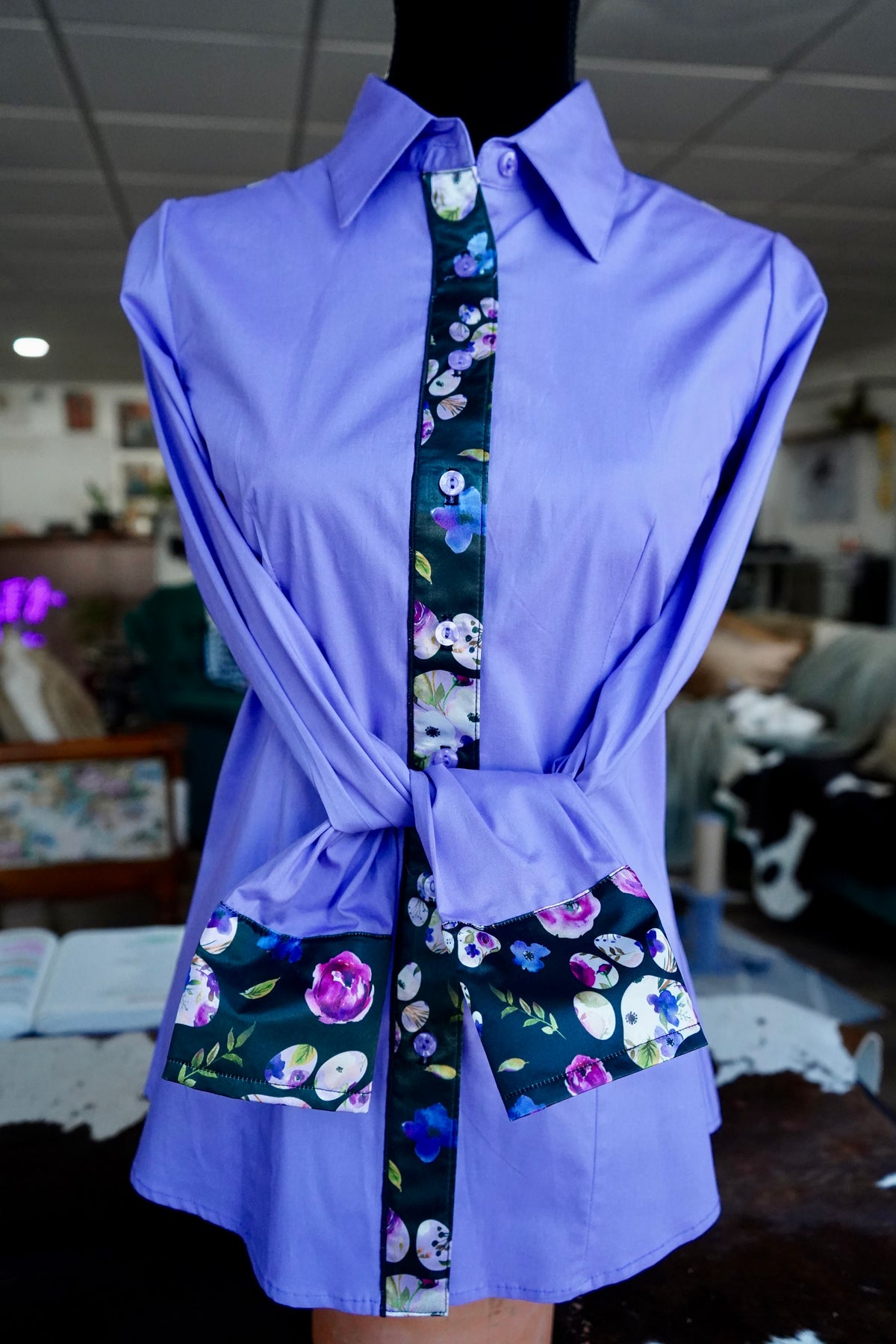 M - Floral Paw Prints on Lavender Cotton Button Down
