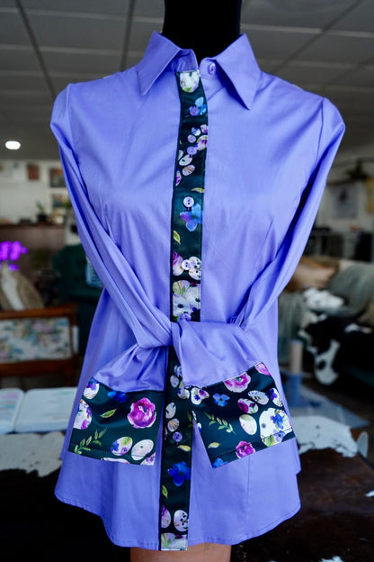 M - Floral Paw Prints on Lavender Cotton Button Down