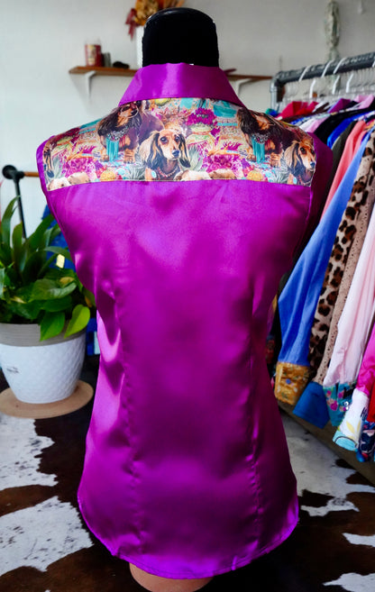 S - Turquoise Dripped Doxies on Magenta Satin Button Down