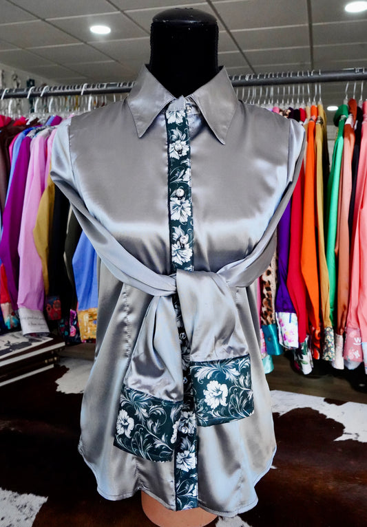 M - Black Floral Tooling on Silver Satin Button Down