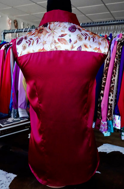S - Watercolor Autumn Floral on Maroon Satin Button Down